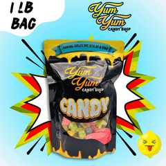 1 pound Sour Only gummy candy mix bags with comic-style yellow burst background