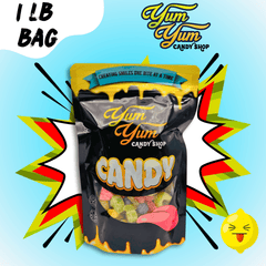 1 pound Sour Only gummy mix from Yum Yum Candy Shop with vibrant comic-style background