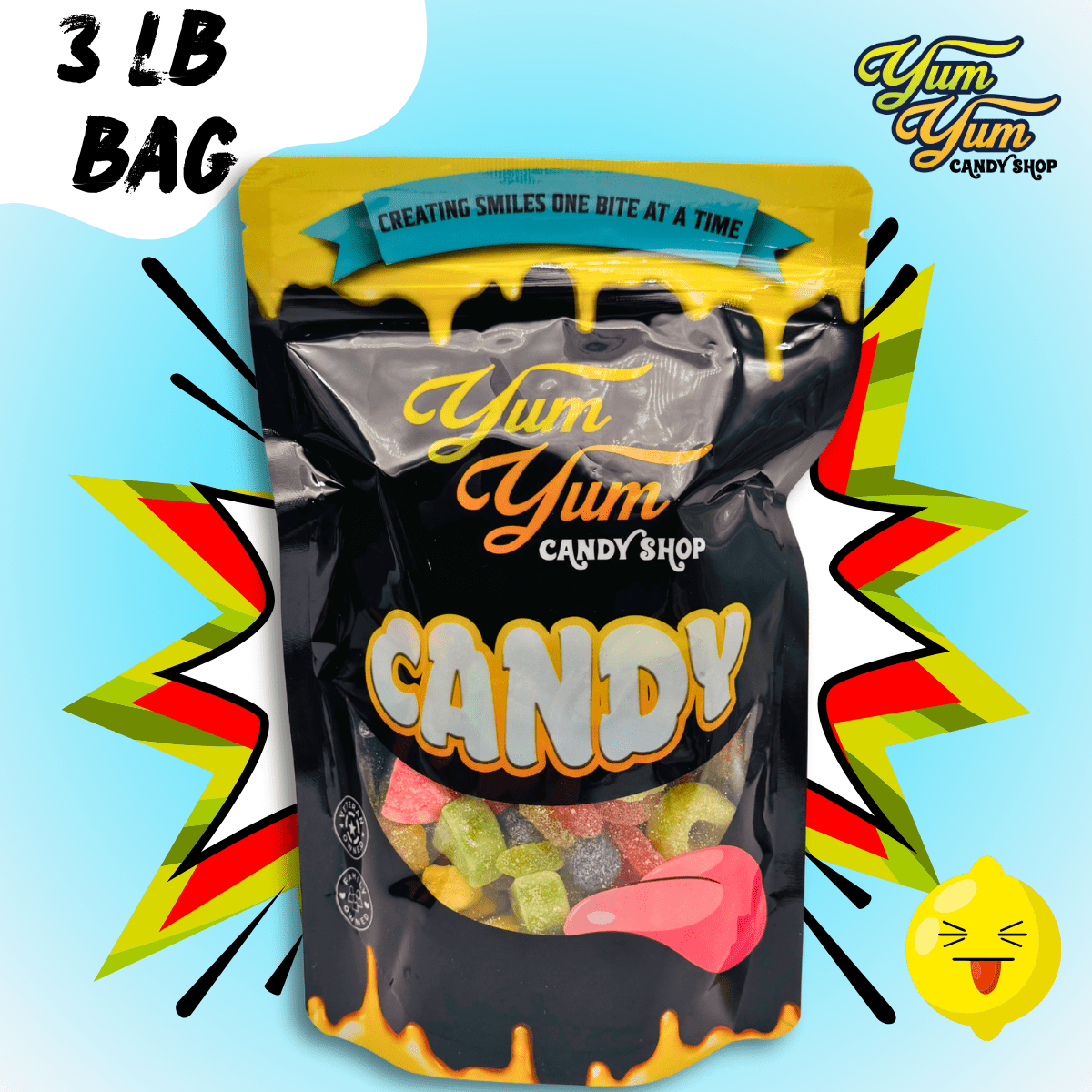 3 pound Sour Only gummy candy mix bags with comic-style yellow burst background