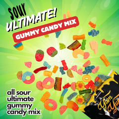 Assorted sour gummy candies falling into an open Yum Yum Candy Shop bag with Sour Ultimate! Gummy Candy Mix branding