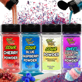 Four containers of Yum Yum Powder with colorful powder spills and food items.