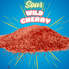 Red candy powder labeled 'Sour Wild Cherry' on a blue background with yellow accents.