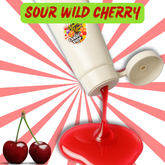 Sour wild cherry candy top with red liquid and cherries on a colorful background