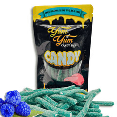 Blue raspberry sour stuffed licorice displayed with matching candy pieces and fruit