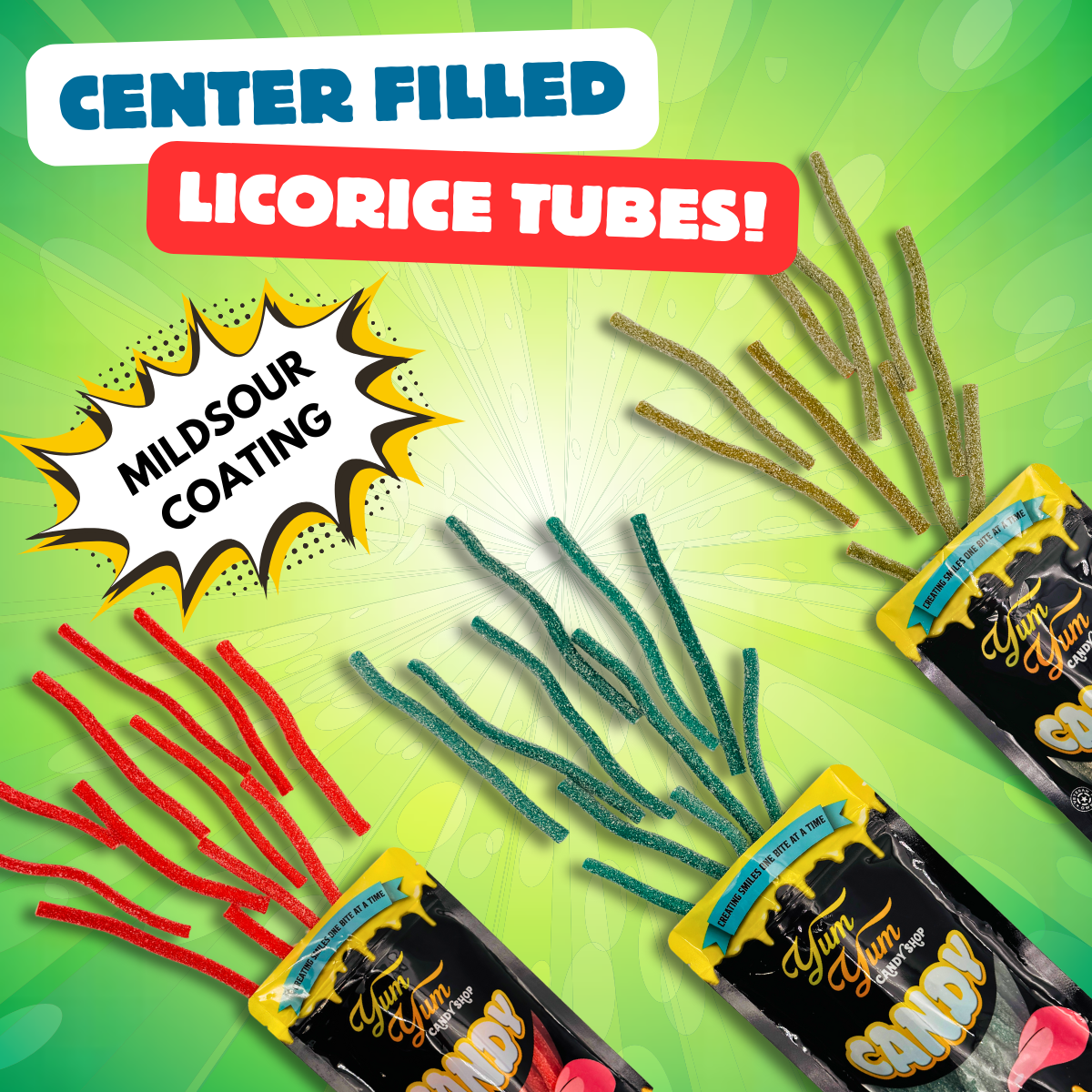 Sour stuffed licorice tubes with sweet creamy centers in assorted fruit flavors