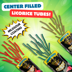 Sour stuffed licorice tubes with sweet creamy centers in assorted fruit flavors