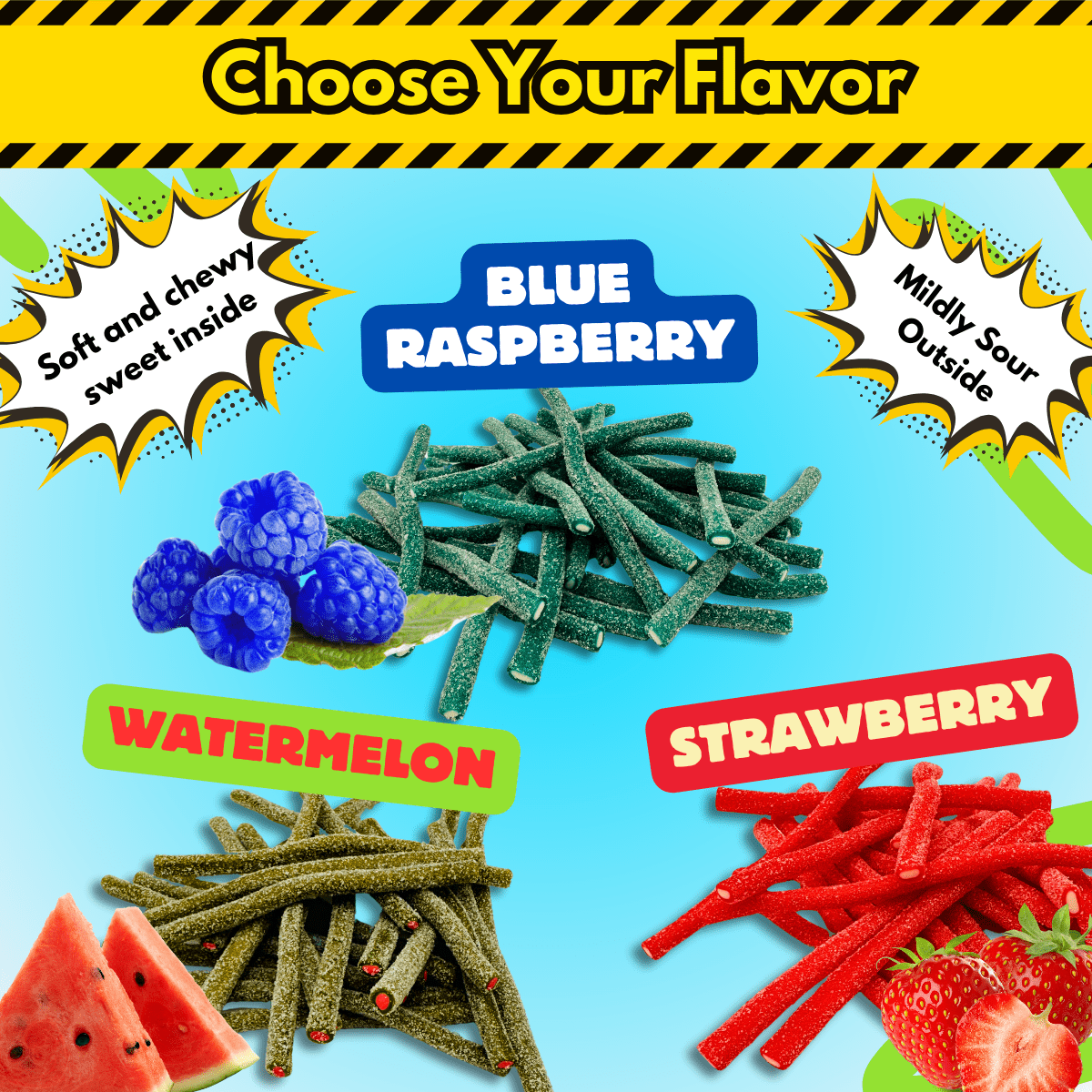 Select from Blue Raspberry, Watermelon, or Strawberry stuffed licorice flavors with vibrant fruit imagery