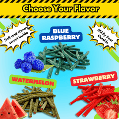 Select from Blue Raspberry, Watermelon, or Strawberry stuffed licorice flavors with vibrant fruit imagery