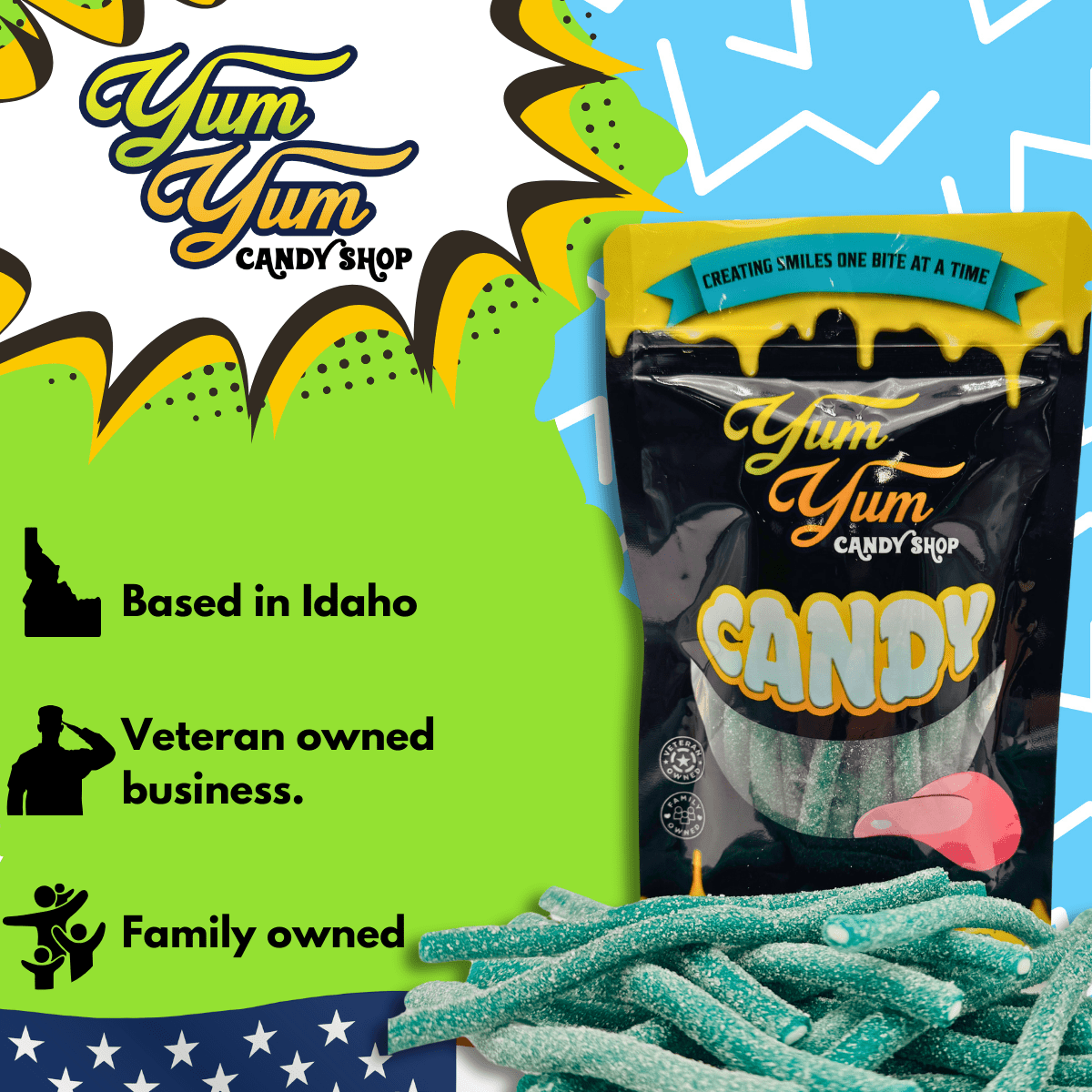 Yum Yum Candy Shop bag of blue raspberry licorice with badges for Idaho-based, veteran-owned, and family-owned business