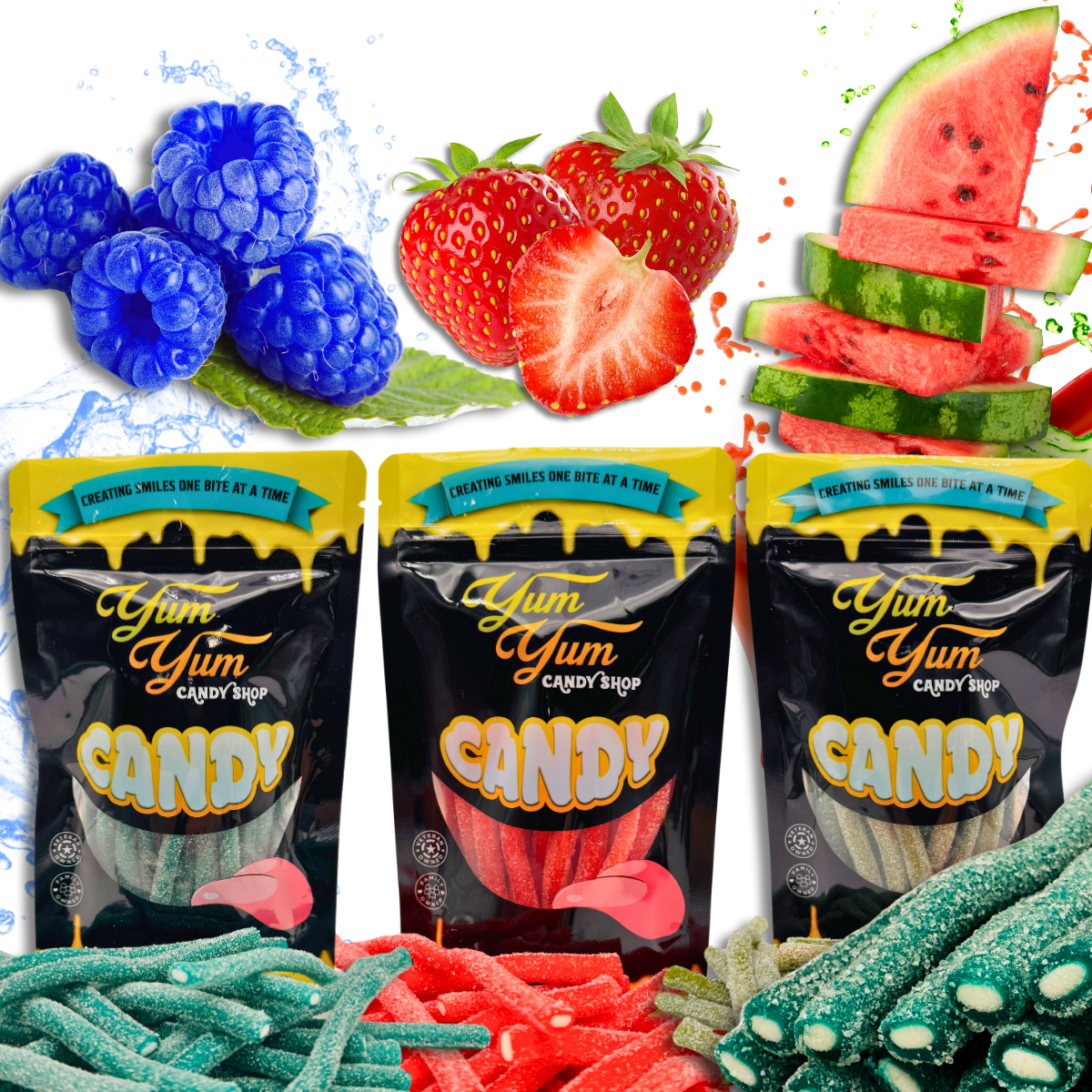 Yum Yum Candy Shop bags of stuffed licorice in blue raspberry, watermelon, and strawberry with fresh fruit background