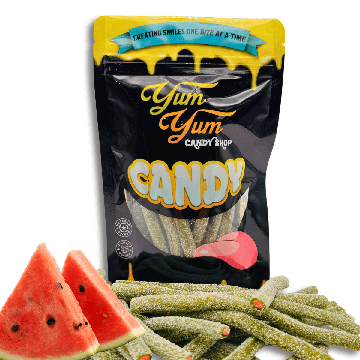 Watermelon stuffed licorice with red and green candy pieces and fresh watermelon slices