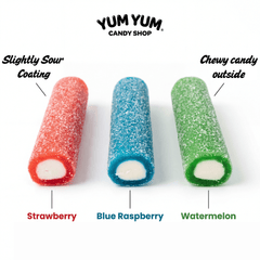 Three colorful candies labeled Strawberry, Blue Raspberry, and Watermelon showing the slightly sour coating