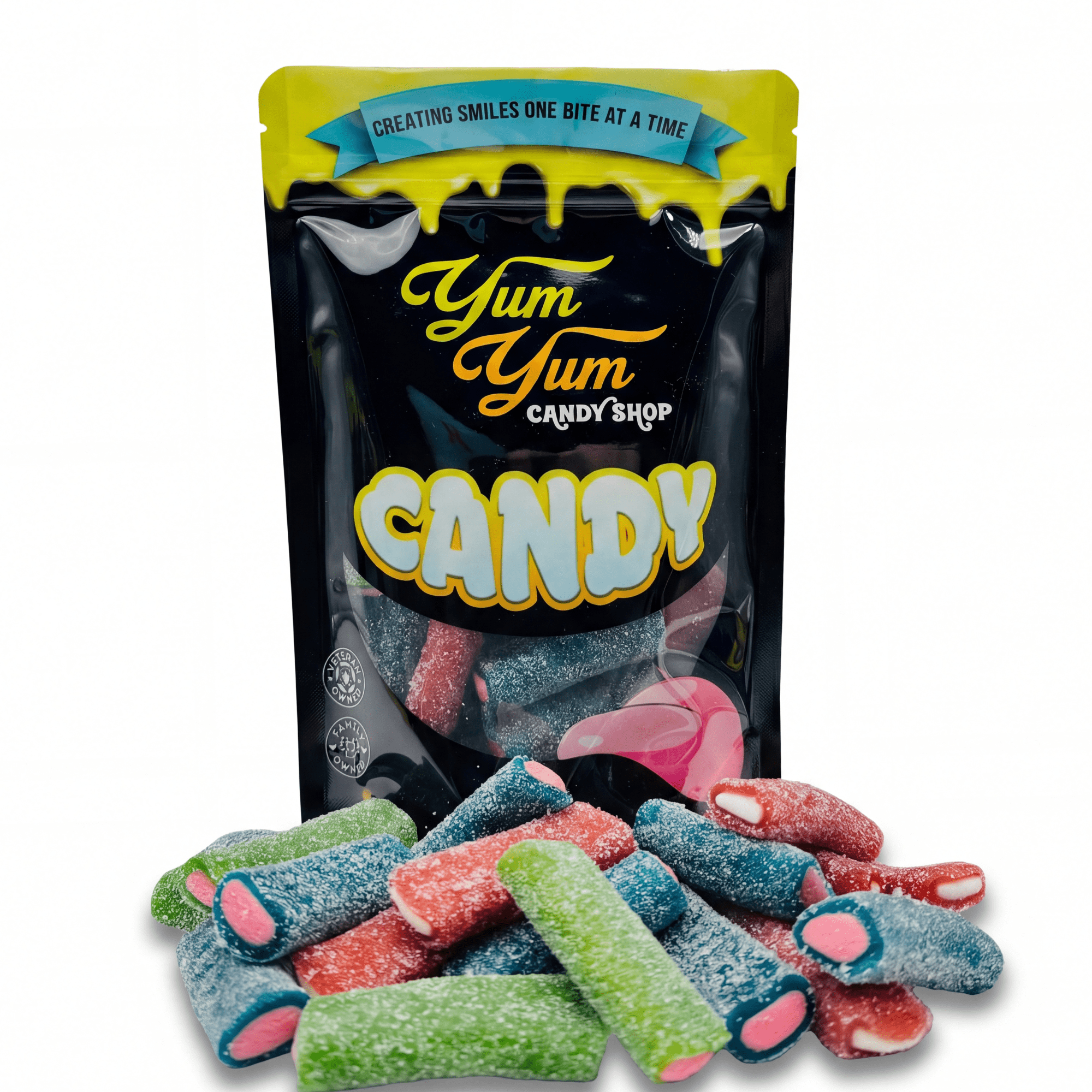 Yum Yum Candy Shop bag with colorful licorice candies on a white background