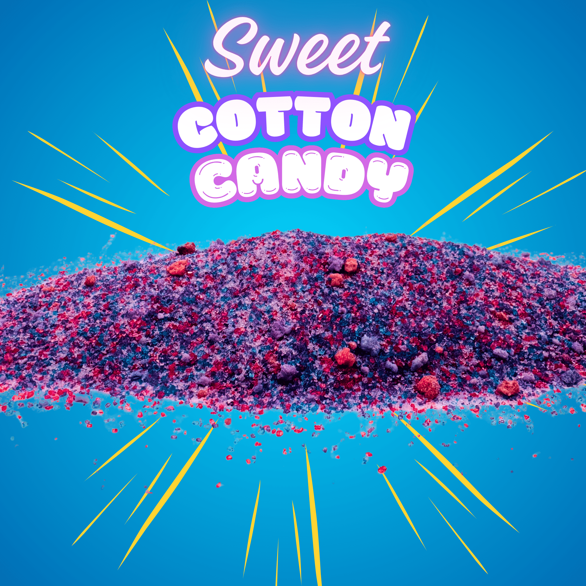 Colorful cotton candy powder on a blue background with 'Sweet Cotton Candy' text.