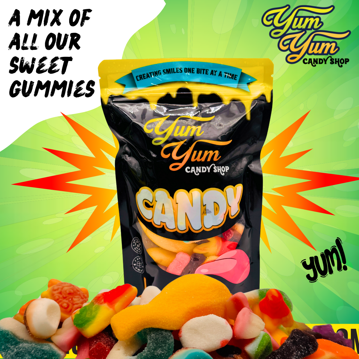 A mix of sweet gummy candies piled in front of a Yum Yum Candy Shop bag with a comic-style background