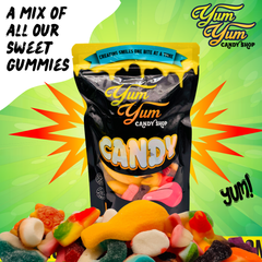 A mix of sweet gummy candies piled in front of a Yum Yum Candy Shop bag with a comic-style background