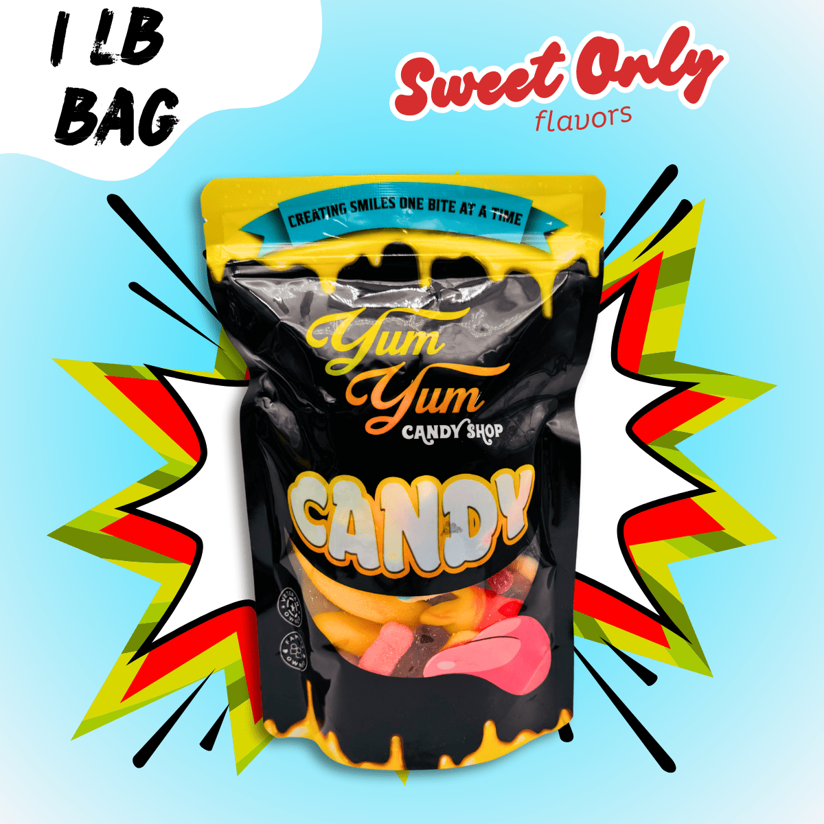 1 pound bag of sweet gummy candy from Yum Yum Candy Shop with bright blue background and red/yellow comic burst