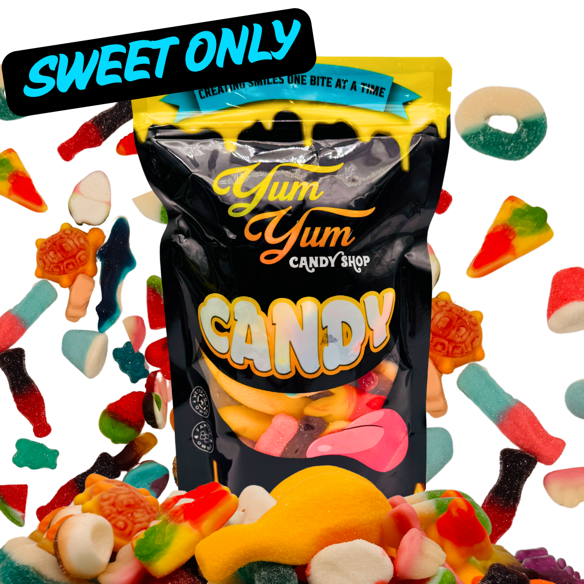 Sweet Only gummy candy mix in black Yum Yum Candy Shop bag with colorful fruit gummies surrounding it