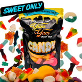 Sweet Only gummy candy mix in black Yum Yum Candy Shop bag with colorful fruit gummies surrounding it