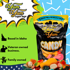 Yum Yum Candy Shop Sweet Only gummy bag next to icons that say Based in Idaho, Veteran owned business, and Family owned