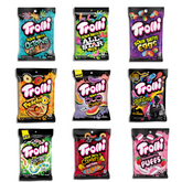 A collection of Trolli candy bags in various flavors including Strawberry Puffs, Peachy Fruit Punch, Sour Crawlers, and others displayed against a white background.