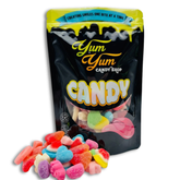 Yum Yum Candy Shop Ultimate Valentine’s Gummy Candy Mix in black resealable 1 lb bag with assorted heart-shaped and colorful fruit gummies spilled in front