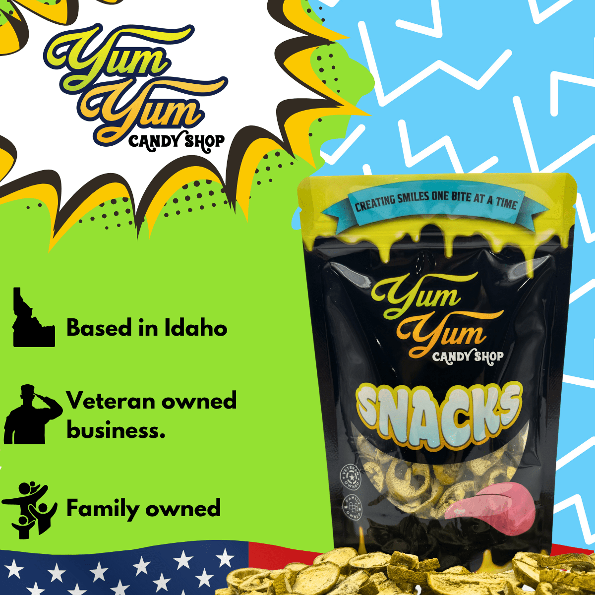 Yum Yum Candy Shop snacks packaging with brand information on a colorful background