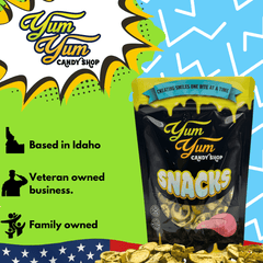 Yum Yum Candy Shop snacks packaging with brand information on a colorful background