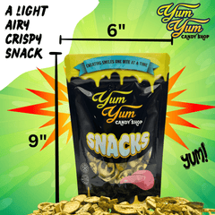 Yum Yum Snacks packaging with dimensions and product display on a green background