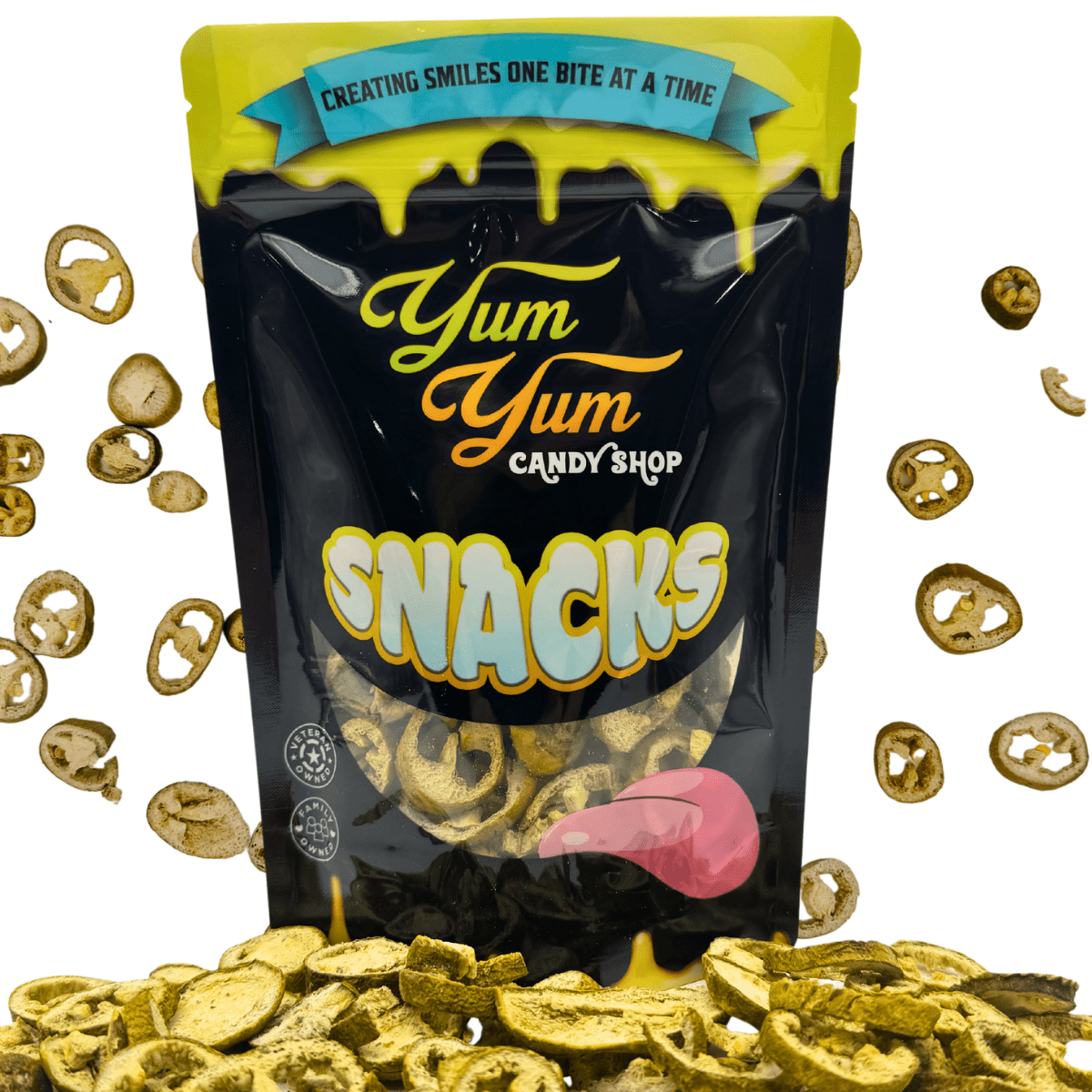 Yum Yum Snacks packaging with pretzels scattered around on a white background