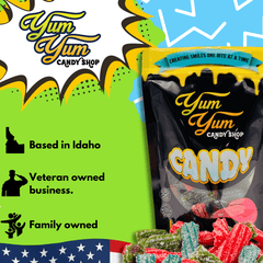 Yum Yum Candy Shop branding banner with Idaho small-batch, veteran‑owned, family‑owned badges