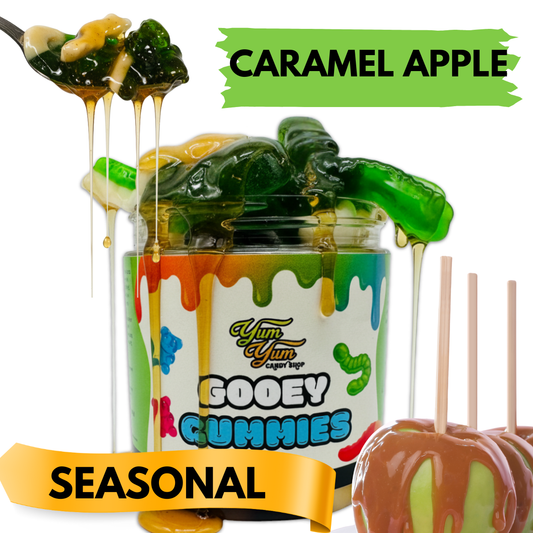 A Jar of Yum Yum Candy Shop caramel apple gooey gummies on a white background
