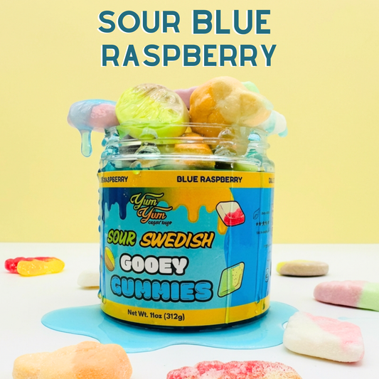 Jar of Yum Yum Candy Shop's gooey gummies on a white surface with a yellow bacckground