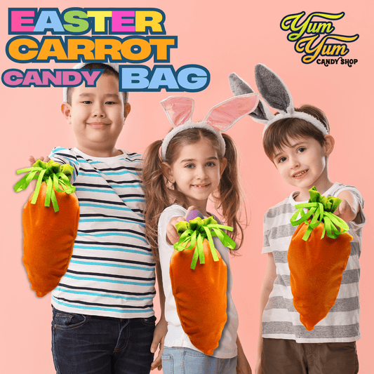 3 Happy children holding Easter carrot gift bags