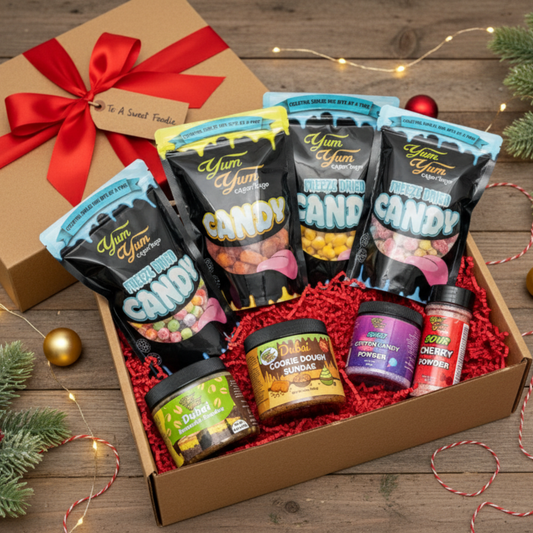 An open gift box filled with various gourmet and viral candies.