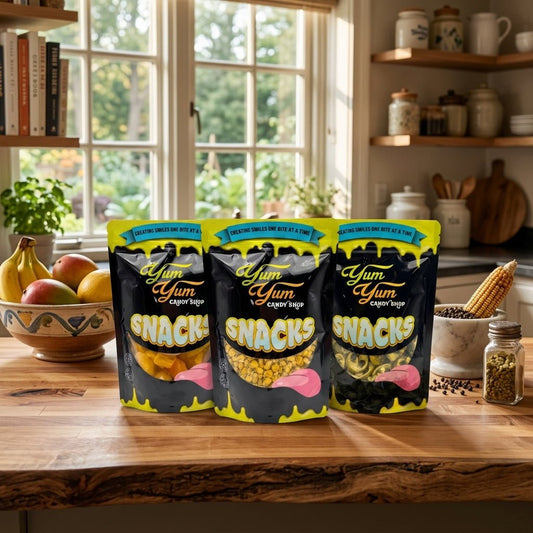 Bags of freeze dried fruits and veggies on a kitchen counter