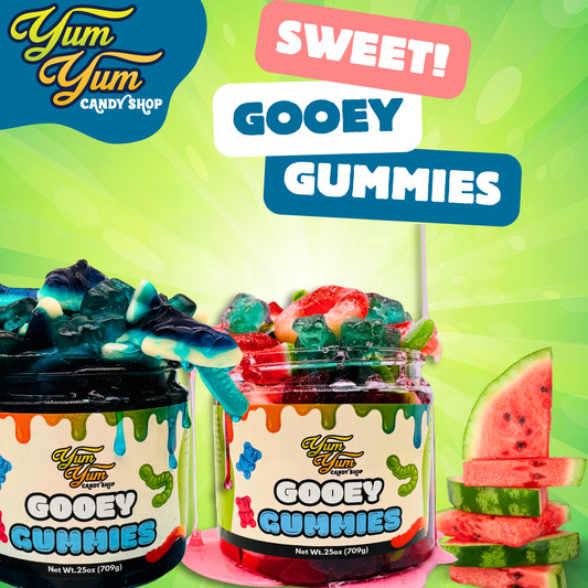 Jars of Yum Yum Candy Shop's gooey gummies on a bright green background