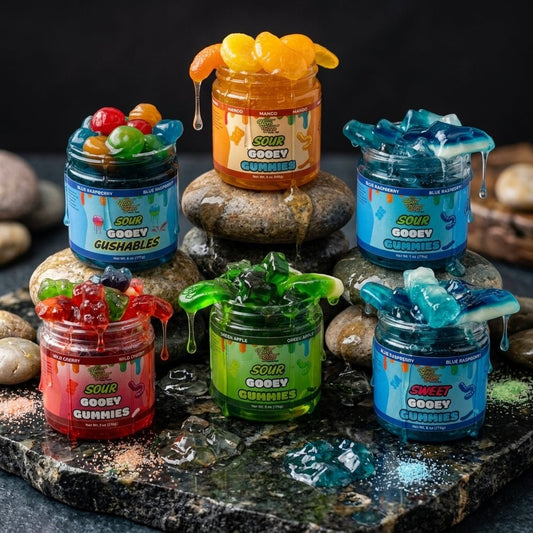 Gooey gummy sample pack displayed on rocks