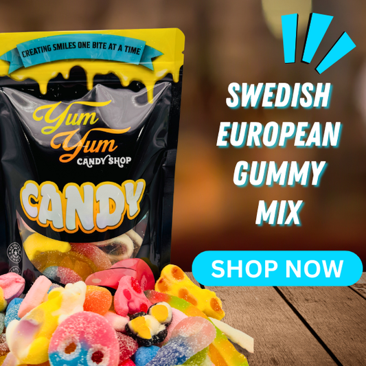 Black reseable bag of swedish gummies with a pile of gummies in front