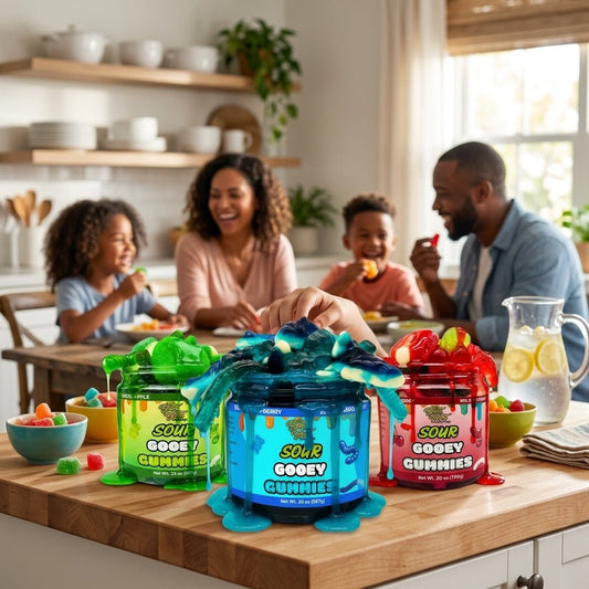 Gooey gummies on a kitchen counter with a family in the background
