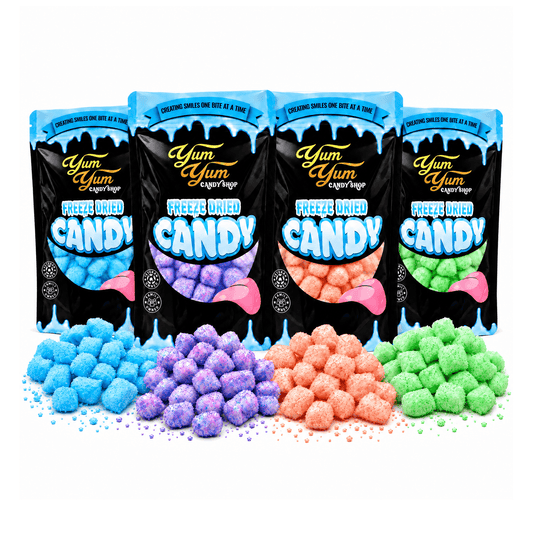 Yum Yum Freeze Dried Flavor Bombs, four flavors: Sour Blue Raz, Sweet Cotton Candy, Sour Wild Cherry, Sour Green Apple