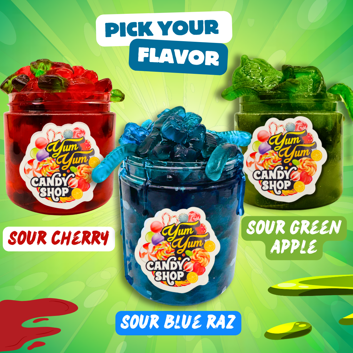 Sour Gooey Gummies Blue Raspberry - Wild Cherry - Green Apple in Sour Blue Ooze Candy Snack 13-25 oz Container
