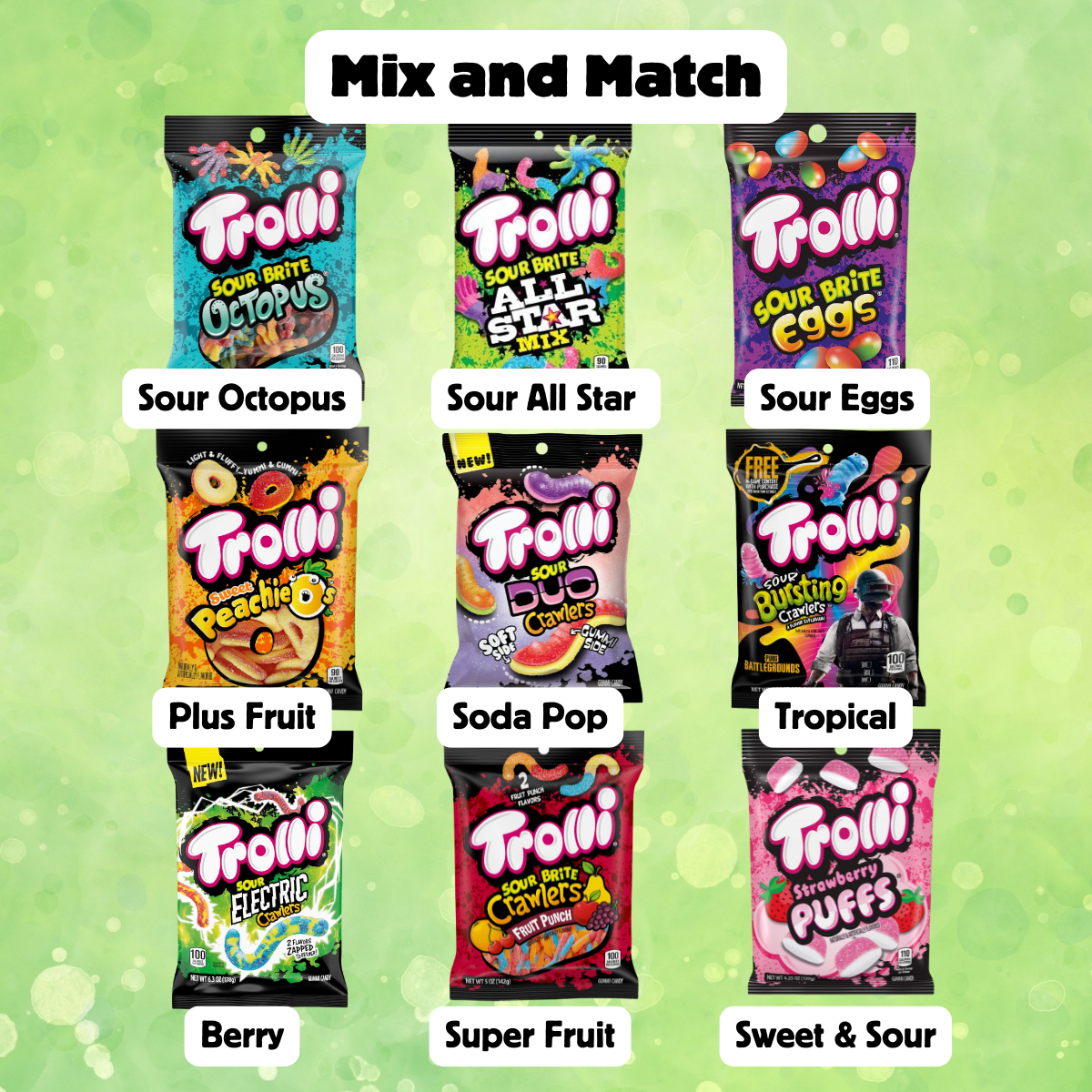 Trolli Gummy Candy Sour Bright Mix and Match 4.2 oz Bags Eggs Crawlers Strawberry Puffs Peachy Fruit Punch Sour Candy