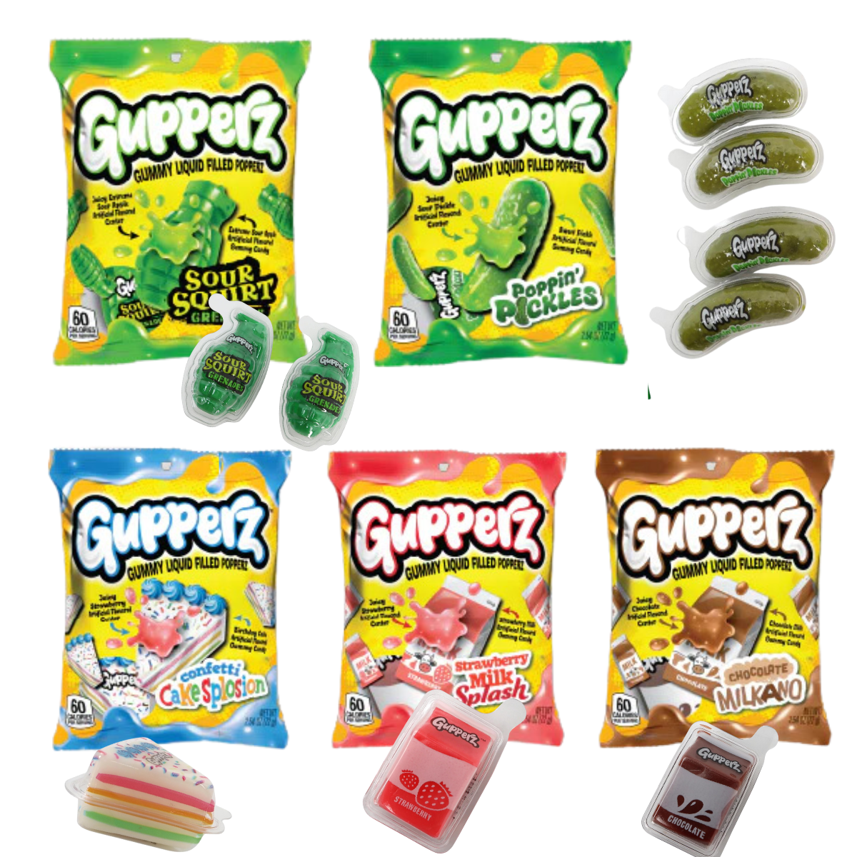 5 Pack Gupperz Gummy Liquid Filled Popper Gummy Candies Poppin Pickle, Sour Grenade, Strawberry Milk, Confetti Cake, & Chocolate Milk,