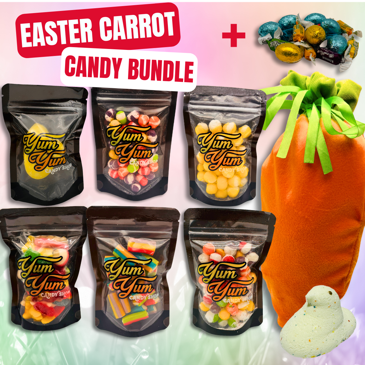 Easter Carrot Candy Gift Basket Freeze Dried, Gummy, Licorice, Candy Snack Sweet Bundle, Bag Set