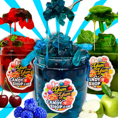 Sour Gooey Gummies Blue Raspberry - Wild Cherry - Green Apple in Sour Blue Ooze Candy Snack 13-25 oz Container