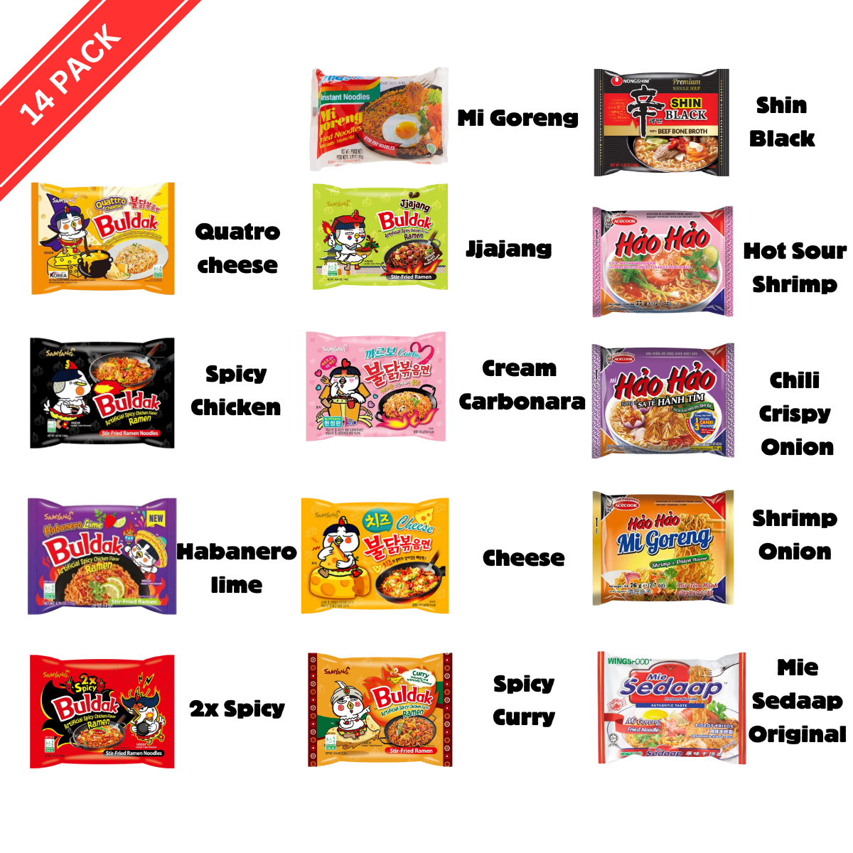 14 Pack Asian Ramen Variety Pack Flavors - Indian Chinese Korean Buldak Ramyun Carbonara Quatro Cheese Curry Food Instant Chicken