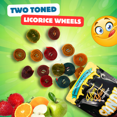 Two Face Licorice Wheels Variety Mix Fruit Flavored Candy 8oz or 1lb Bag Shoestring Licorice Wheels