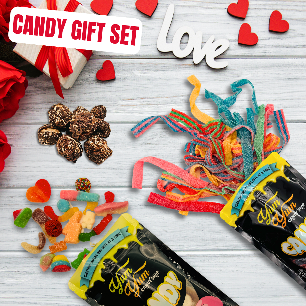 Valentine's Candy Gift Set Bundle Gummy Candy, Freeze Dried Candy, Chocolate Candy Plus Free Gift In Drawstring Bag