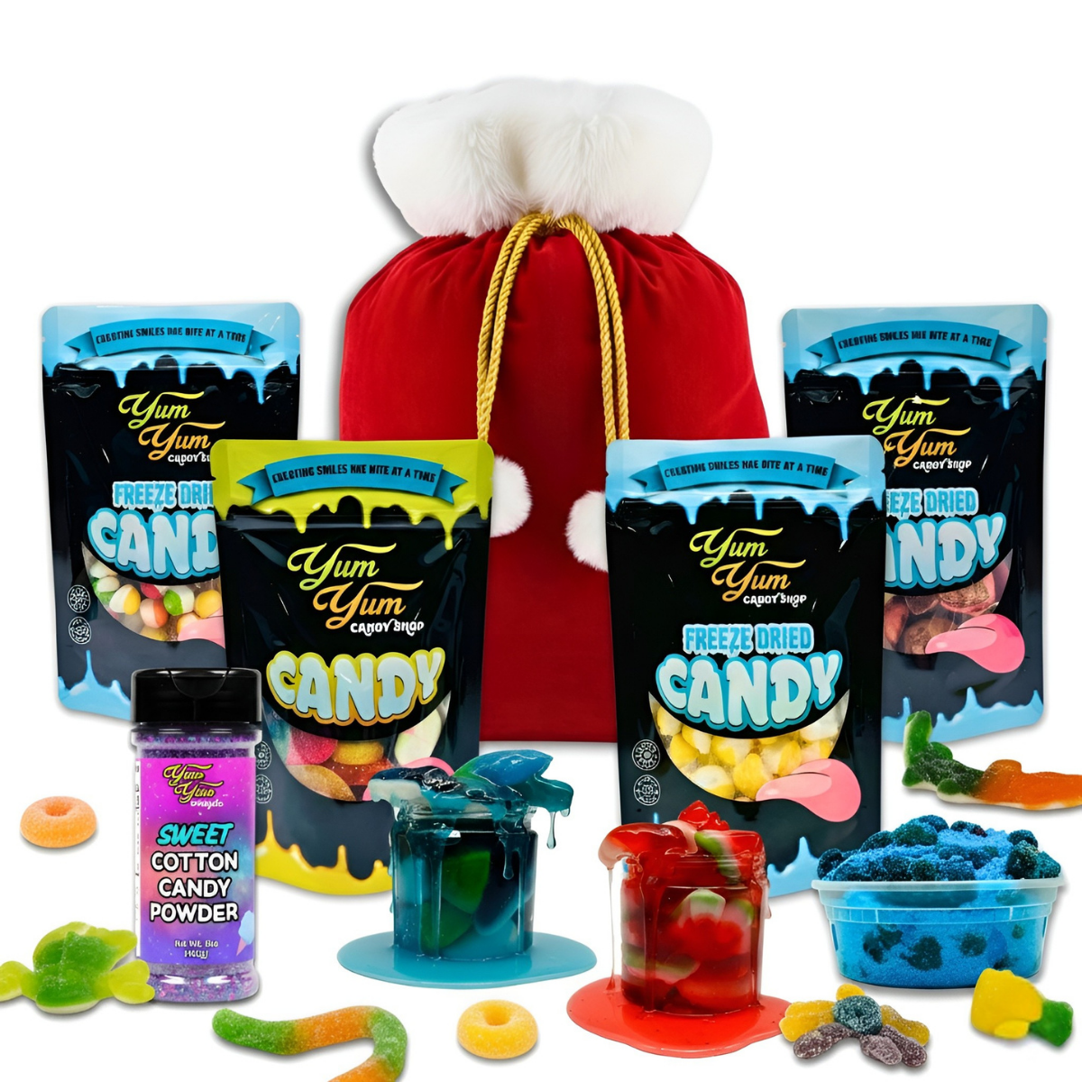 Santa Sack Christmas Gift Set - Gooey Gummies, Sour Blue Raz Gushers, Gummy Mix, Freeze Dried Candy, Cotton Candy Powder - Festive Holiday Treats in Soft Reusable Sack - Lemon - Ultimate Holiday Candy Bundle